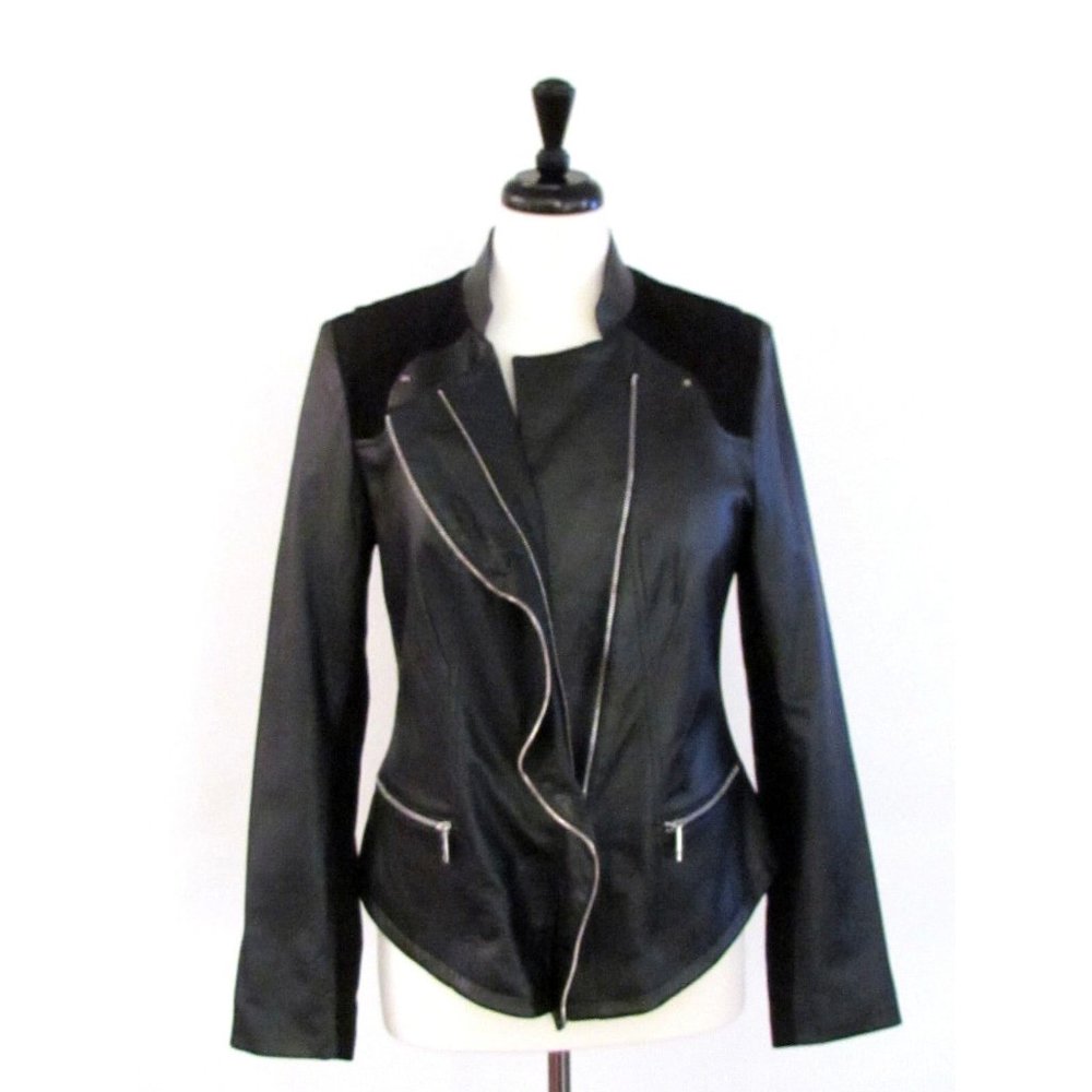 Neiman Marcus Black Leather & Suede Ruffle Detail Designer Jacket Size Large